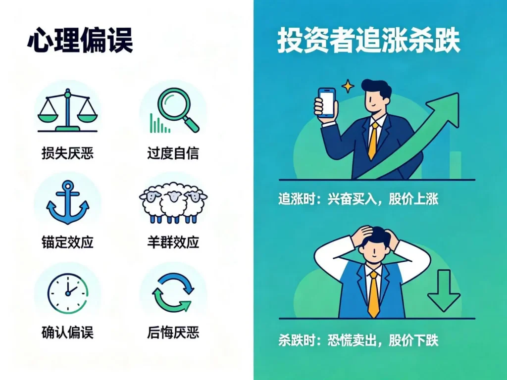 六大常见投资者人性心理偏差图解，追涨杀跌、锚定成本、羊群跟风、事后诸葛亮，股市散户亏钱原因与理性投资心态调整示意图
