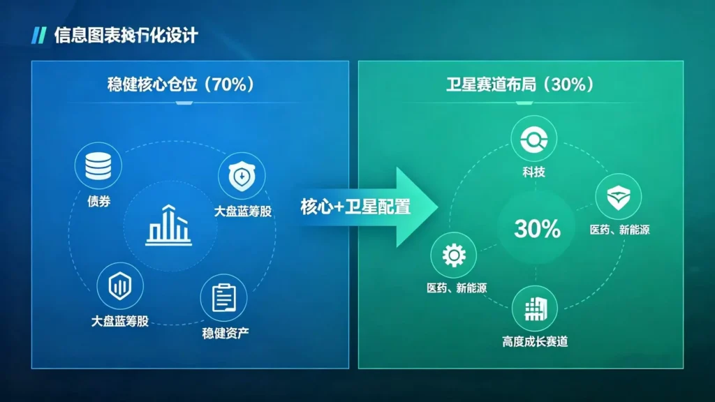 基金核心 + 卫星配置配图 - 70% 宽基指数与固收 + 压舱石，30% 新质生产力赛道弹性布局