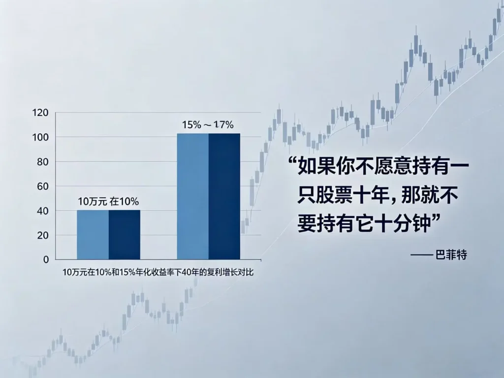 复利效应财富增长示意图,指数基金定投、长期持有优质资产、逆向价值投资逻辑金融科普配图