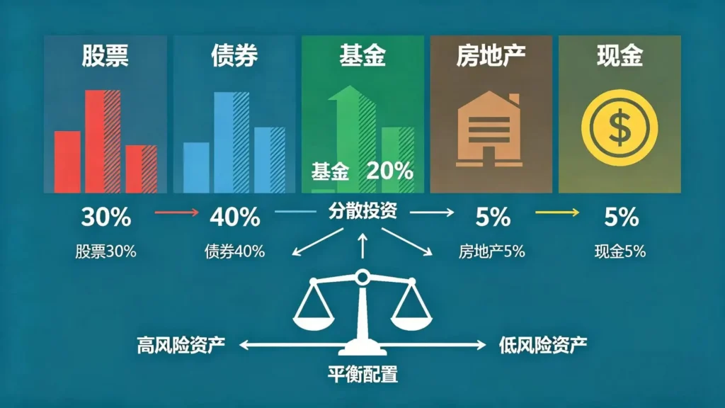 该配图展示了股票、债券、现金以及另类投资产品的组合，诠释了资产配置中分散投资、平衡风险与收益的理念。