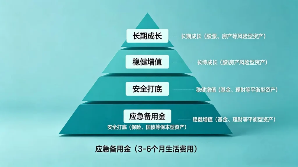 家庭资产四层金字塔配置配图 - 应急备用金、安全打底、稳健增值、长期成长四层功能与占比解析