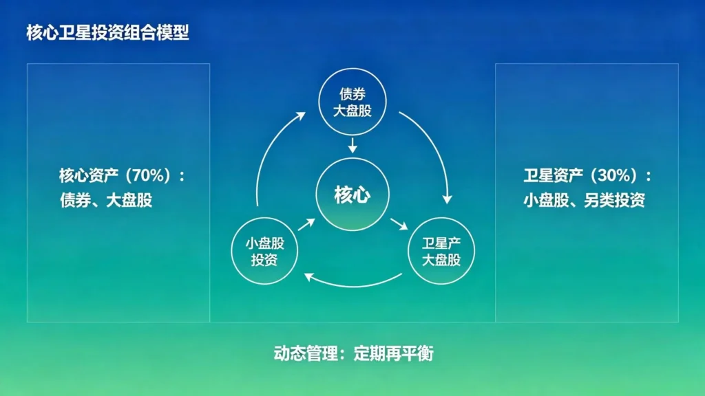 该配图展示了核心卫星投资组合模型,清晰呈现了不同类型资产的配置比例,诠释了资产分散配置与动态管理的投资理念。