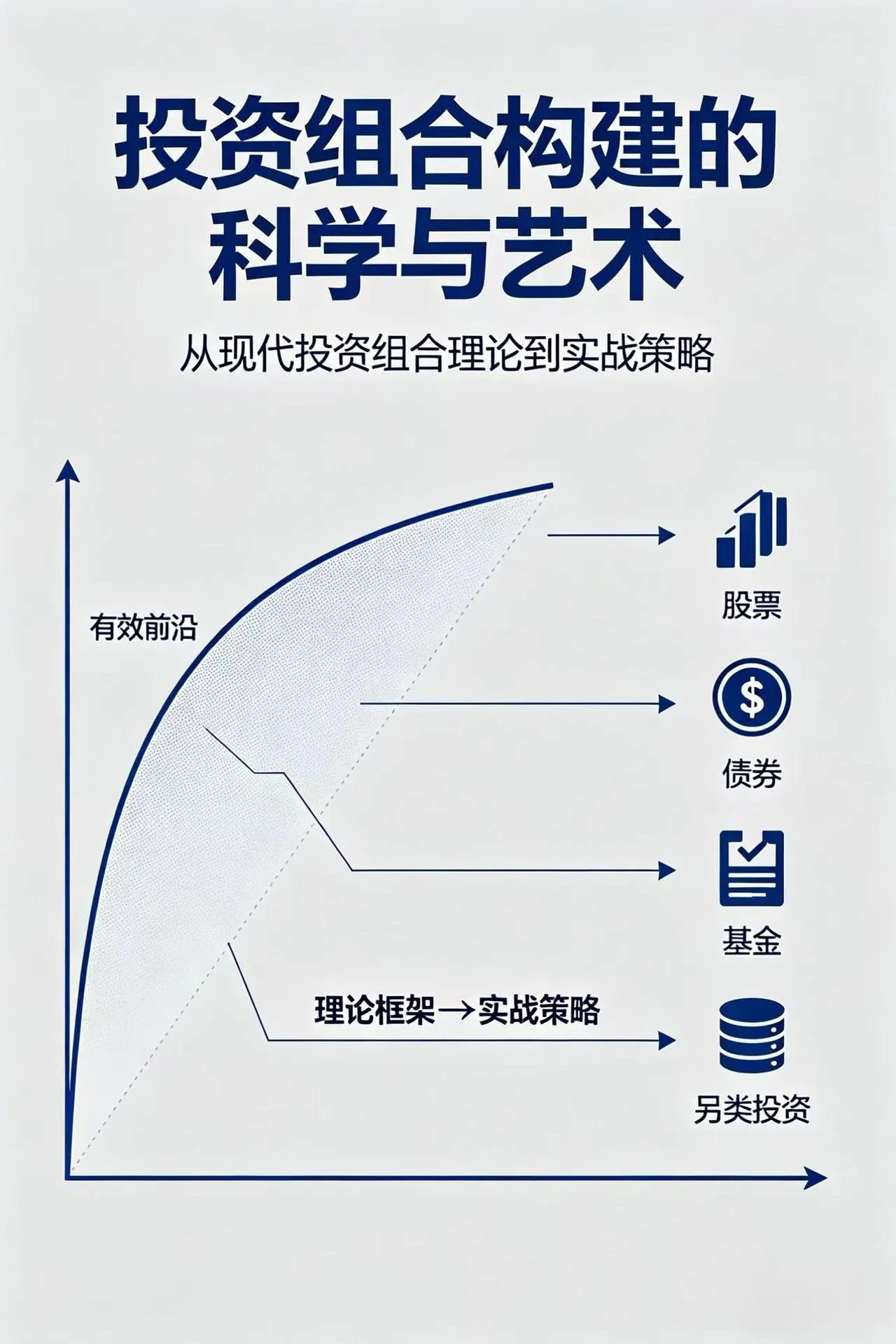 这是一张投资组合构建主题的封面图,画面呈现了有效前沿曲线以及股票、债券、基金等多种投资产品,展现了投资组合从理论框架到实战策略的核心内容。
