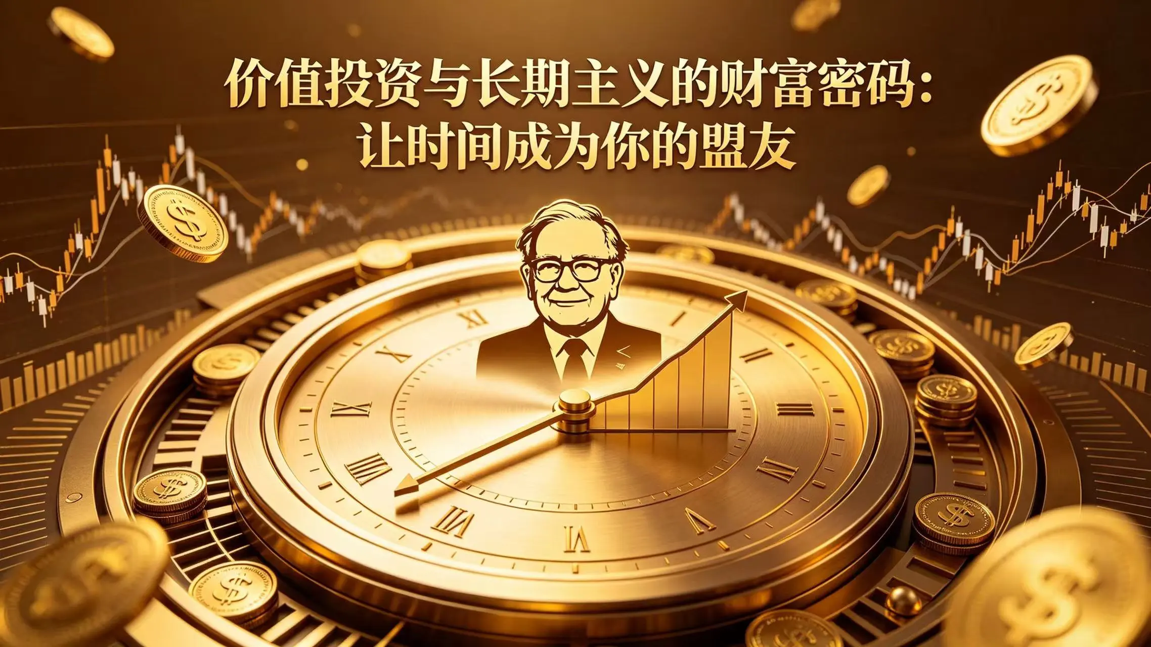 价值投资与长期主义财富理念海报,复利增长曲线、时光年轮、稳健上涨金融 K 线,巴菲特投资哲学普通人财富增值科普封面