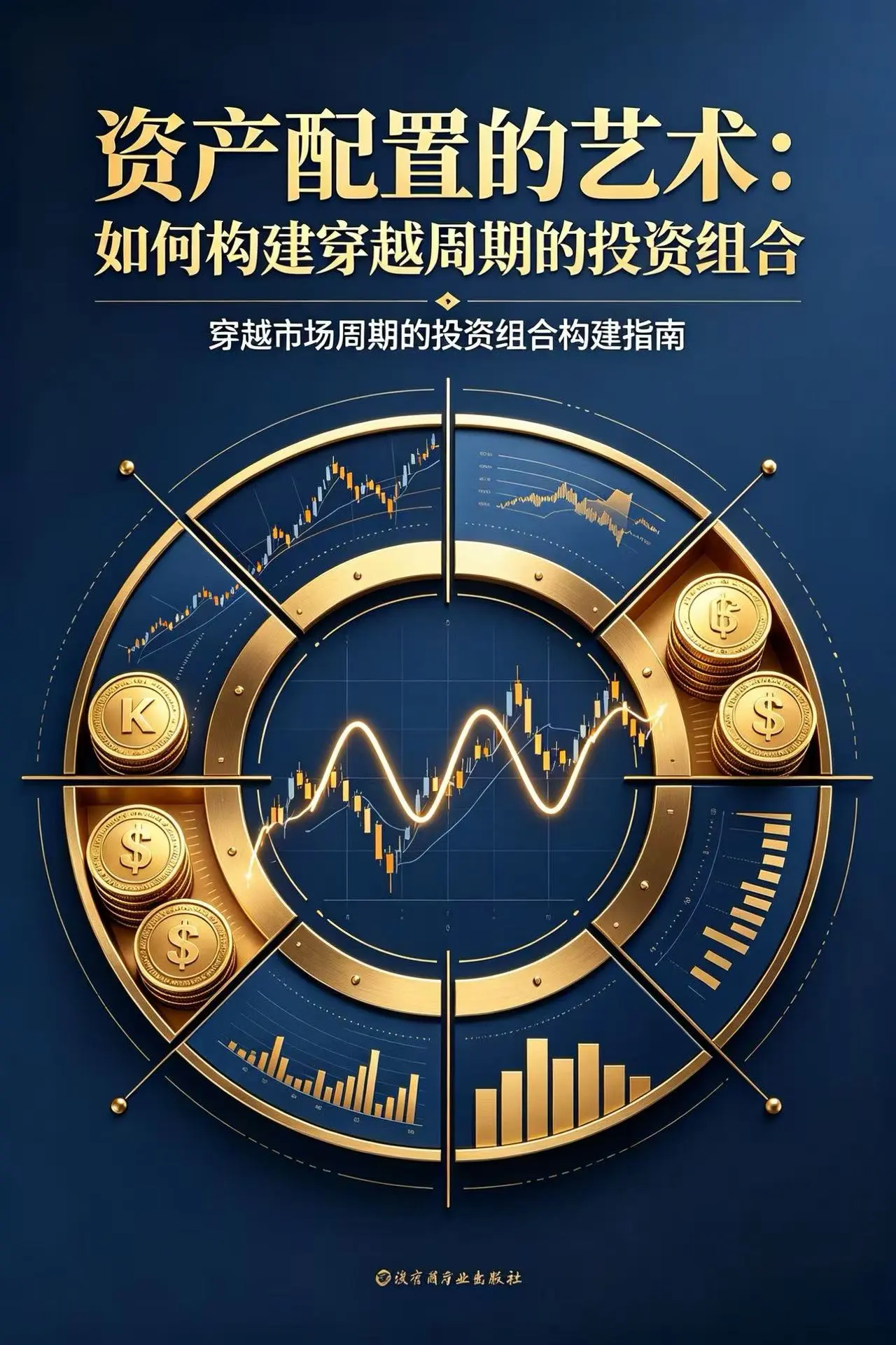 这是一张关于资产配置的封面图，画面融合了股票走势图、债券模型以及金币，展现出构建穿越市场周期投资组合的主题。