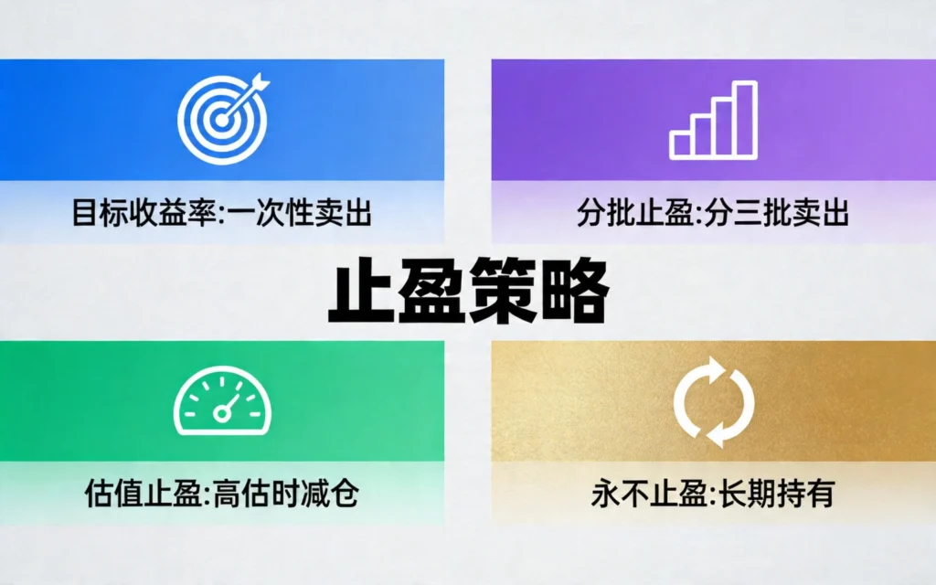 定投止盈策略四象限图,目标收益率分批止盈估值止盈永不止盈对比