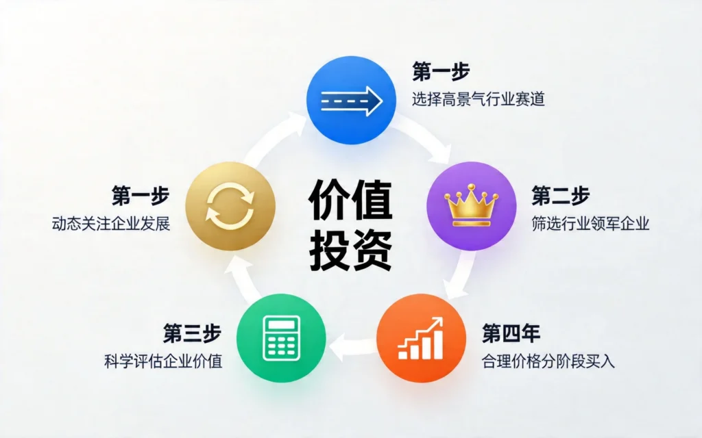 价值投资五步环形流程图,选赛道找龙头算估值分批建仓持续跟踪循环推进