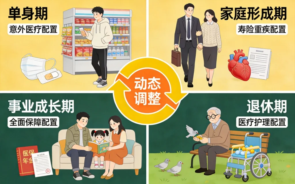 四象限时间轴展示单身期、家庭形成期、事业成长期、退休期的保险配置重点