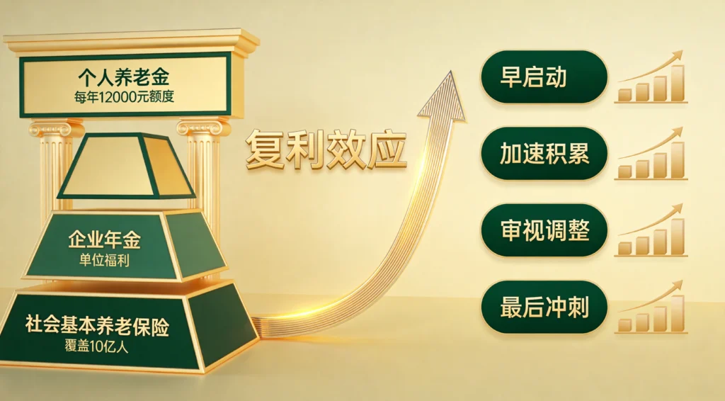 三支柱金字塔展示养老体系结构,四个年龄段卡片呈现各阶段行动建议