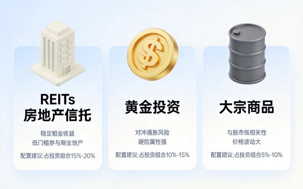 三类另类投资对比图,展示REITs、黄金、大宗商品投资特点