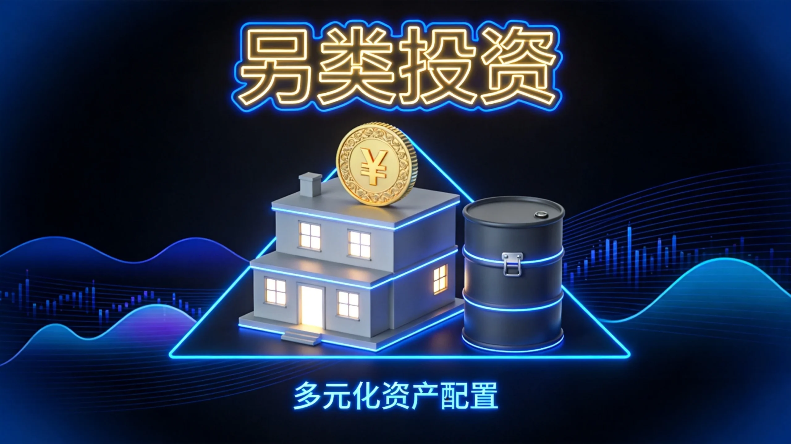 另类投资概念图,展示房地产、黄金、大宗商品三大资产配置