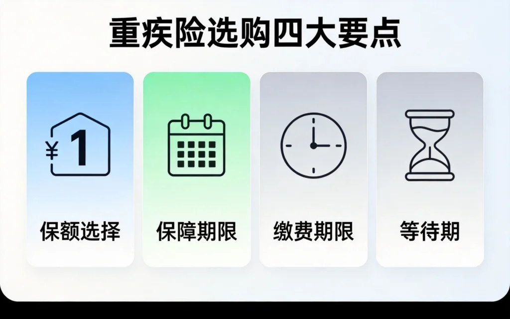 重疾险选购四大要点指南图,保额、期限、缴费、等待期关键指标
