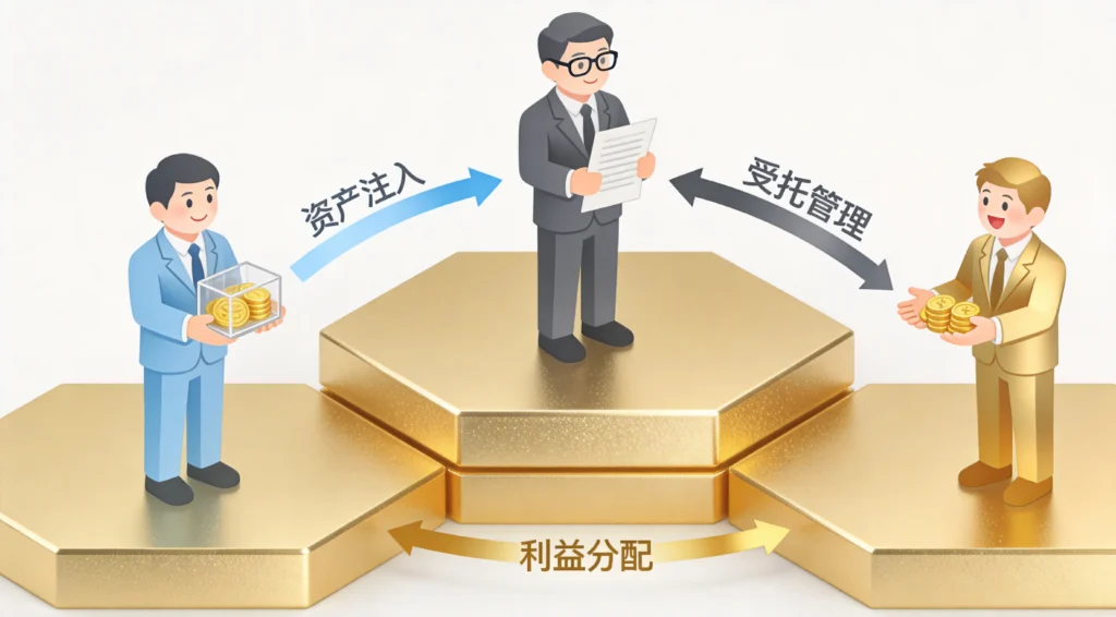 家族信托三方结构关系图，展示委托人、受托人、受益人的资产流向