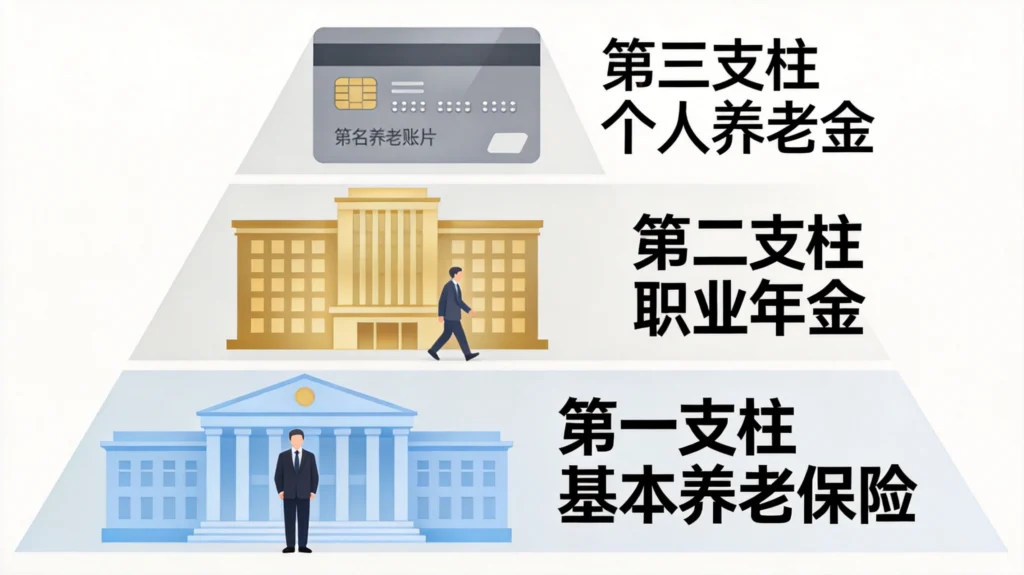 养老保障三支柱体系架构图,基本养老保险、职业年金、个人养老金三级结构