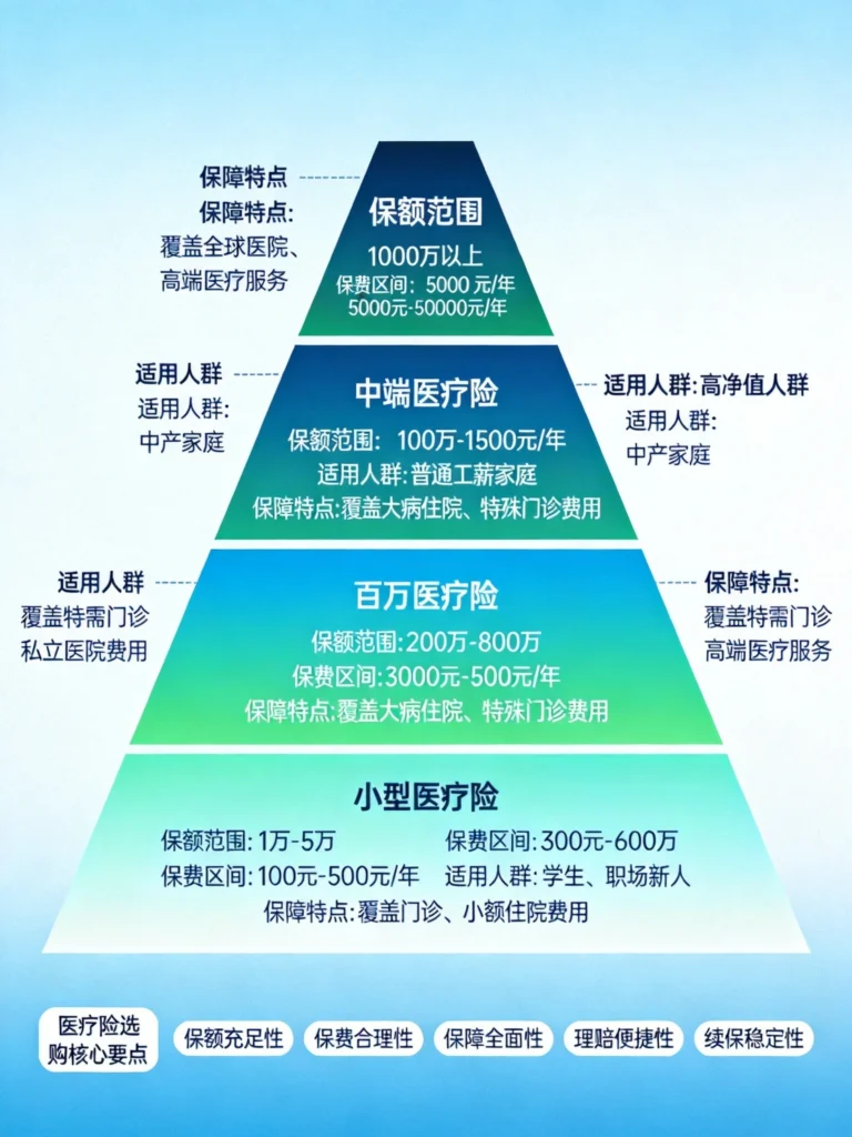 医疗险四级金字塔对比图,从小额到高端医疗险的保额、保费、适用人群全面解析