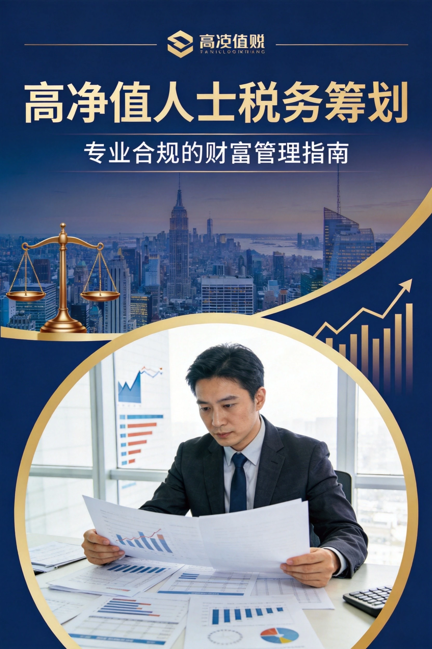 商务人士审阅财务报表,专业合规的高净值人士税务筹划财富管理场景