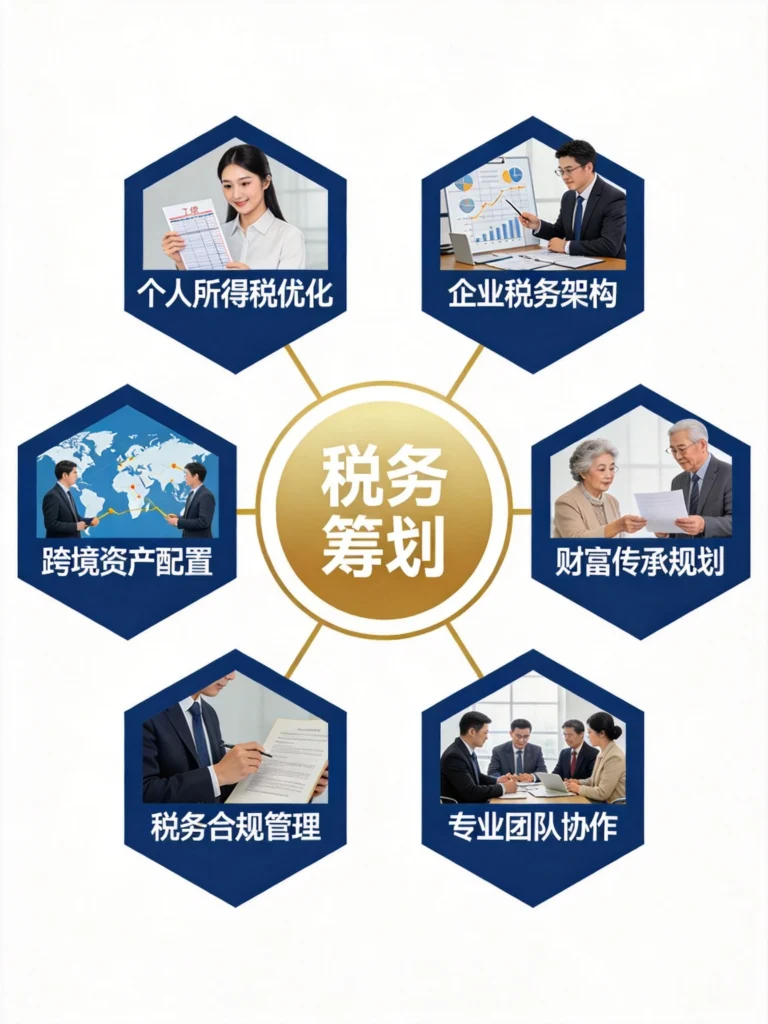 税务筹划六大核心维度信息图表,涵盖个税优化、企业架构、跨境配置、财富传承等关键领域