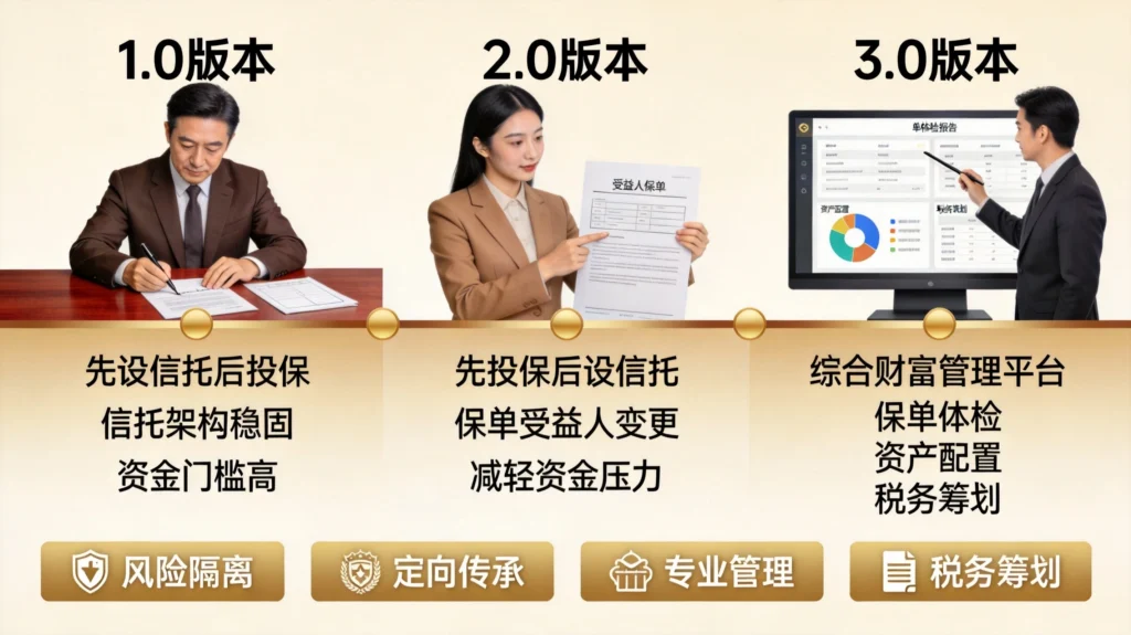 保险金信托从1.0到3.0版本演进路线,展示功能完善与核心优势体系