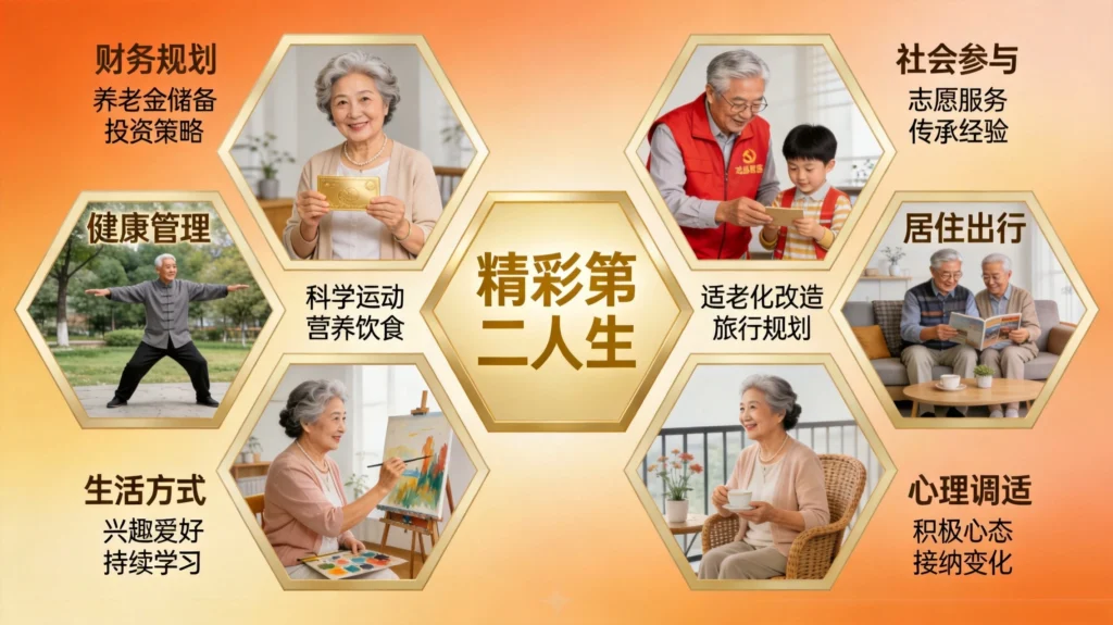 退休规划六大维度全景信息图,财务健康生活社交居住心理全方位规划指南