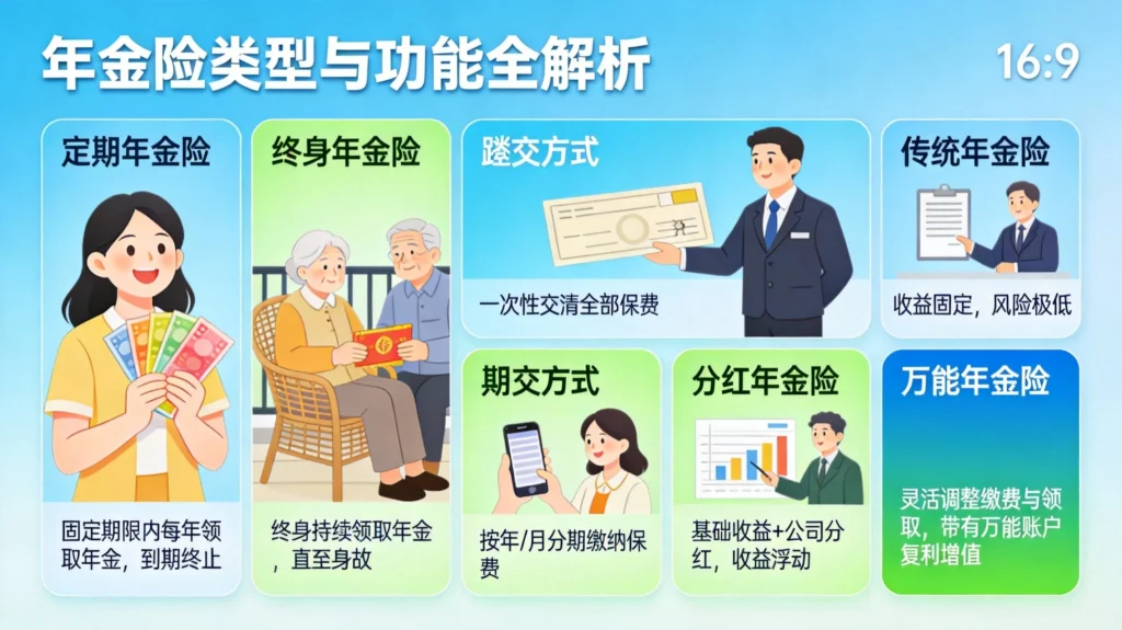 年金险主要类型:定期/终身年金险、趸交/期交缴费方式、传统/分红/万能险分类对比