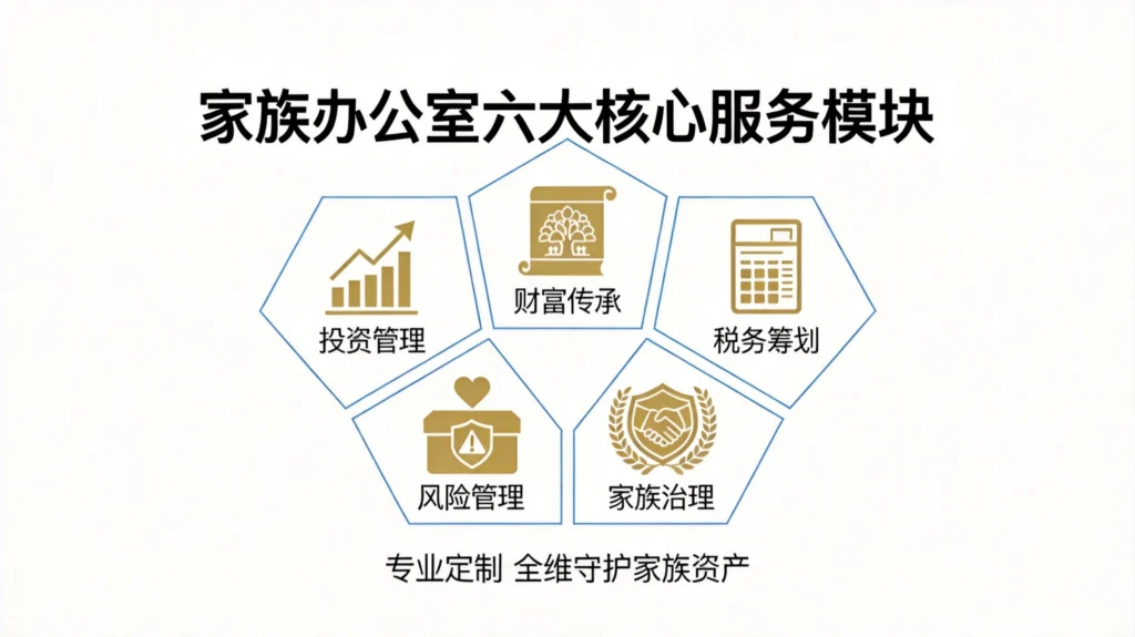 家族办公室核心服务模块:投资管理、财富传承、税务筹划、家族治理、风险管理、慈善捐赠六大板块