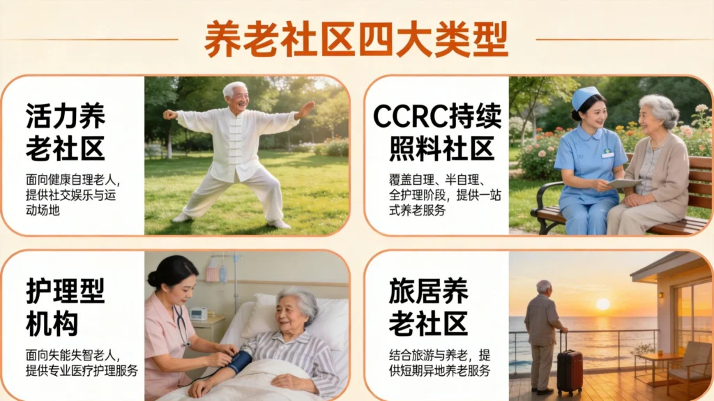 养老社区四大类型:活力养老社区、CCRC持续照料社区、护理型养老机构、旅居养老社区对比