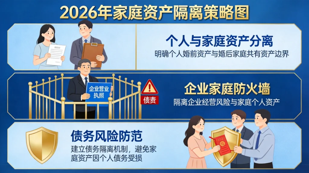 2026年家庭资产隔离策略图，含个人家庭分离、企业防火墙、风险防范三层架构