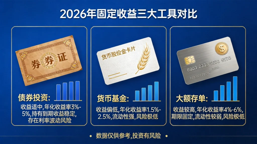 2026年固定收益三大工具对比图，含债券投资、货币基金、大额存单特点对比