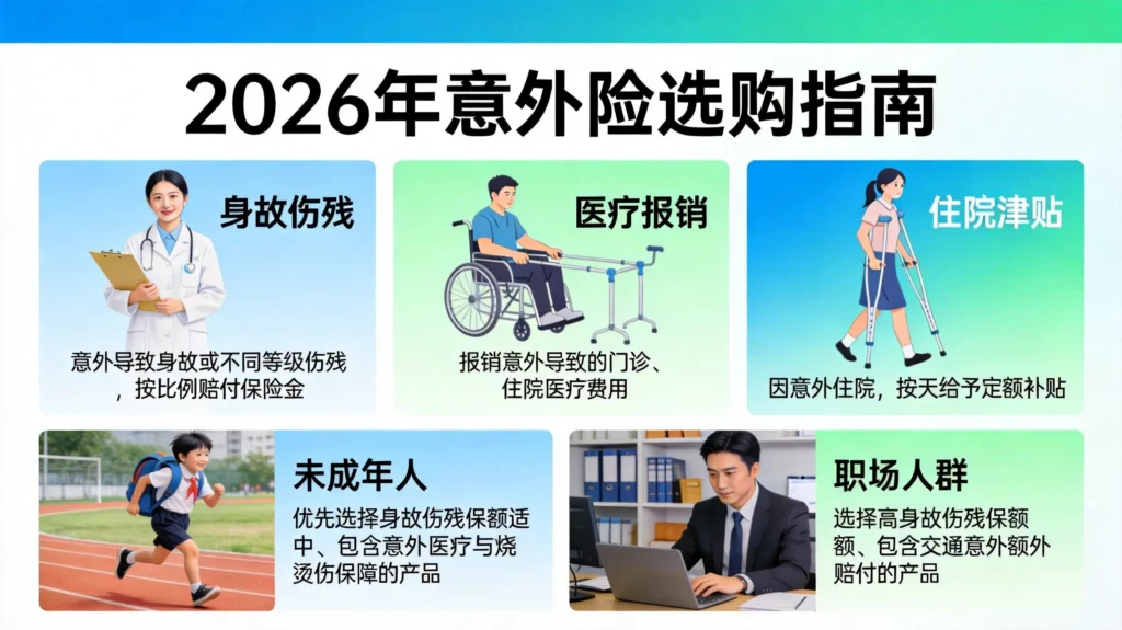 2026年意外险选购指南图,含三大保障责任与不同人群配置策略