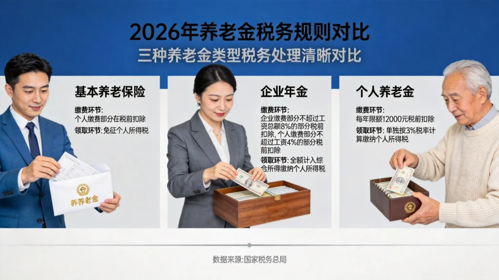 2026年养老金税务规则对比图,含基本养老保险、企业年金、个人养老金三种模式