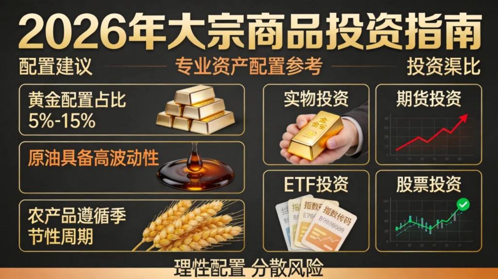 大宗商品投资配置策略数据图，黄金配置5%-15%避险抗通胀，原油高波动农产品季节性周期