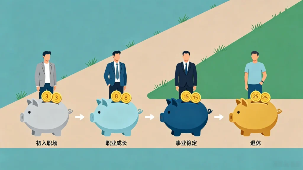 一个人从初入职场到退休的人生旅程中,财富随阶段不断积累。