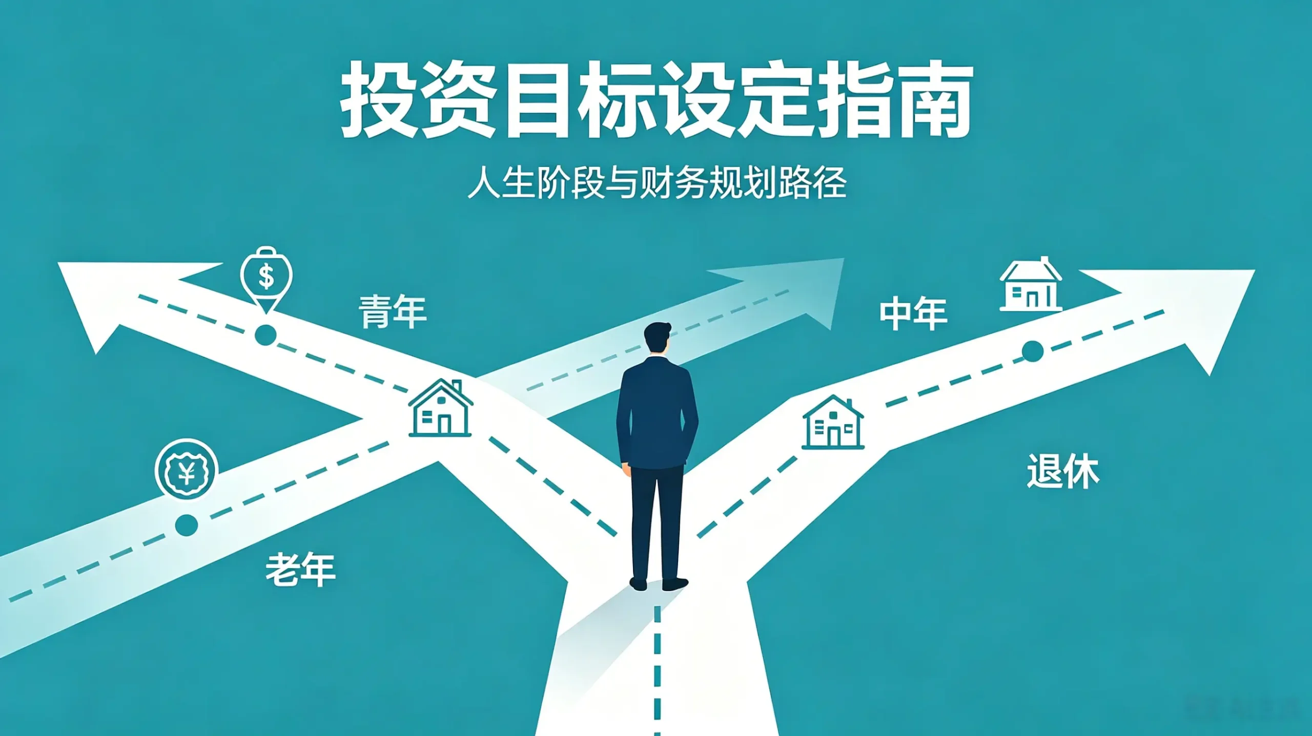 一个人站在分岔路口,根据人生阶段路线图制定投资目标。