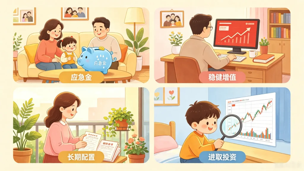 一个幸福家庭的资产被分为四个稳健增值的部分。