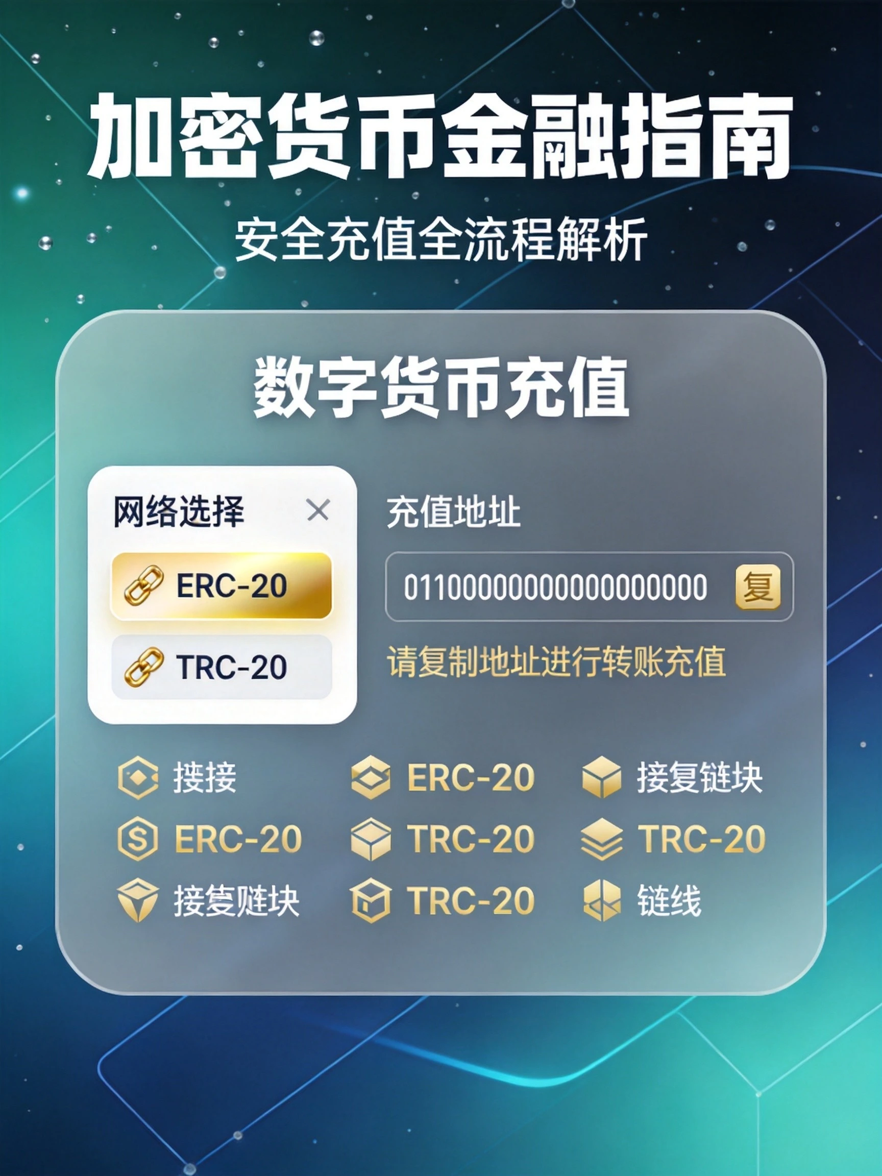 欧易OKX数字货币充值封面,蓝绿色科技金融背景,OKX充值界面,多链标识,充值地址展示
